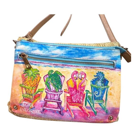 Leoma Lovegrove Beach Chairs Beachy 9x6 Canvas Crossbody Bag Purse Wicker READ - Picture 2 of 10